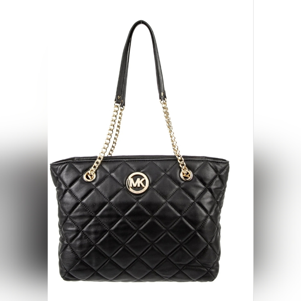 Michael Kors MK Designer Black Quilted Tote Bag Purse Chain Satchel